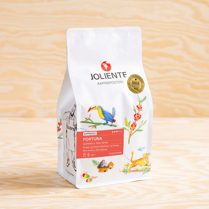 Espresso Fortuna – Röstkaffee von JOLIENTE, 80 % Arabica und 20 % Robusta, Herkunft: Guatemala, Peru, Indien