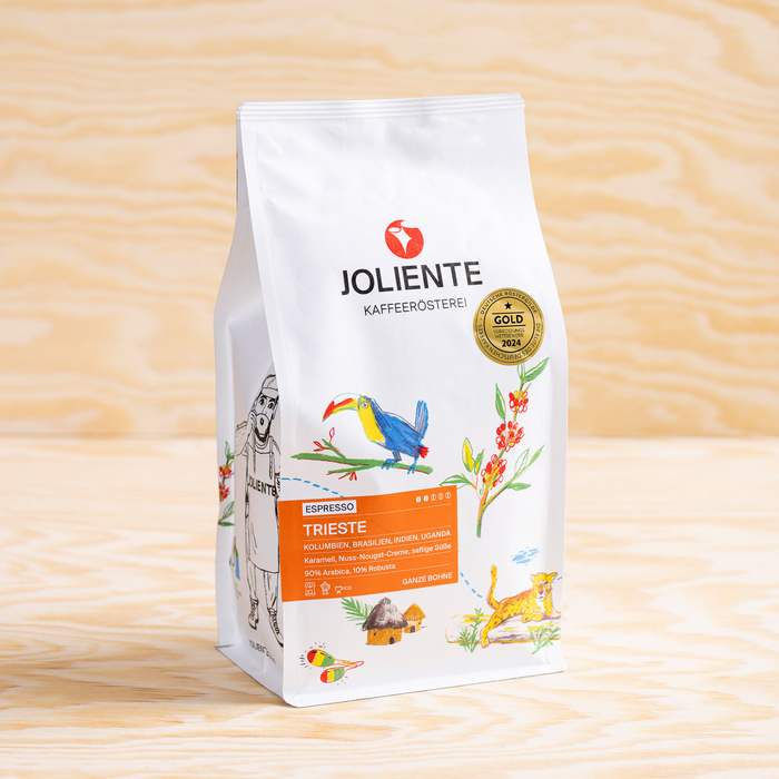 Espresso Trieste – Röstkaffee von JOLIENTE, 90 % Arabica und 10 % Robusta, Herkunft: Kolumbien, Brasilien, Indien, Uganda