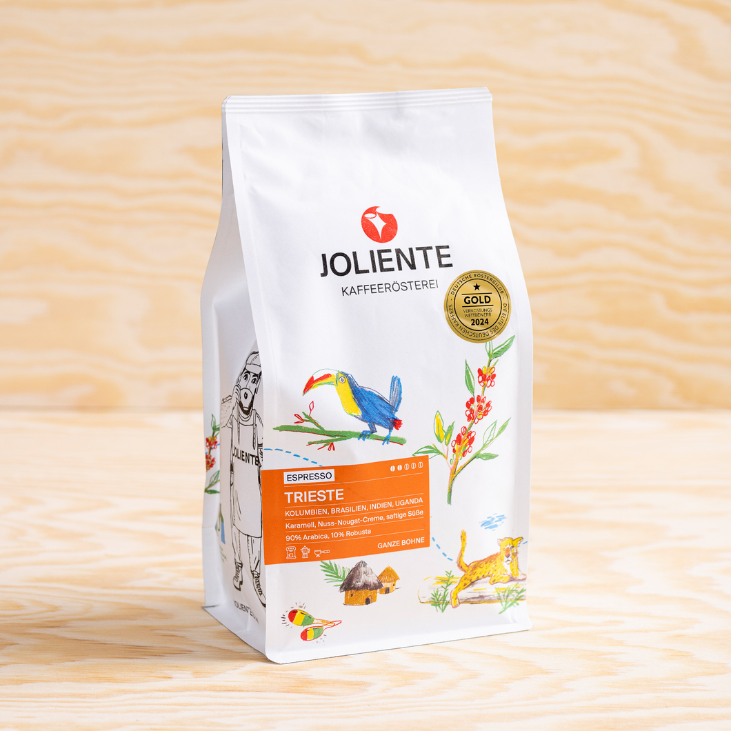 Espresso Trieste – Röstkaffee von JOLIENTE, 90 % Arabica und 10 % Robusta, Herkunft: Kolumbien, Brasilien, Indien, Uganda