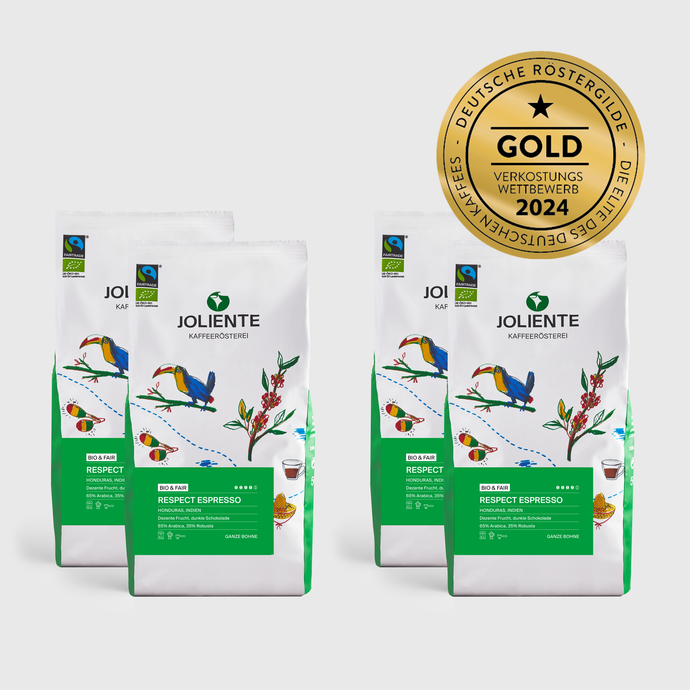 Respect Espresso – Röstkaffee von JOLIENTE, 65 % Arabica und 35 % Robusta, Herkunft: Honduras, Indien